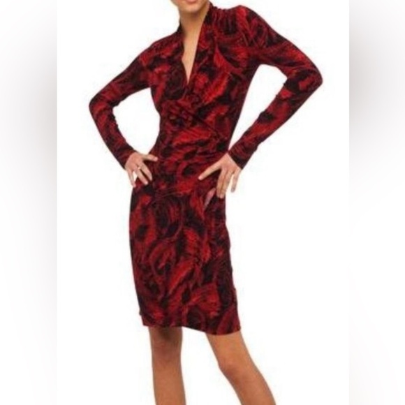 Norma Kamali Faux Wrap Jersey Dress, Feather Print, Medium, Office Cocktail - Picture 1 of 16